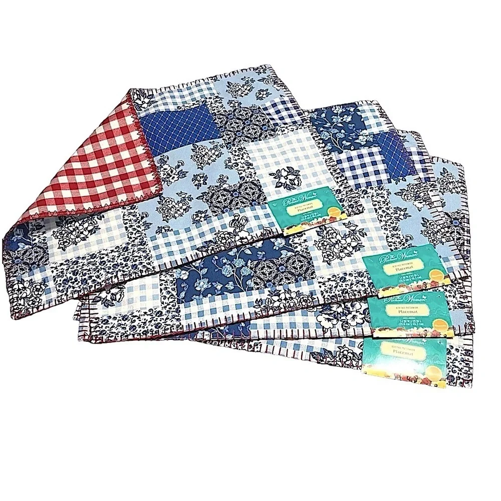 Pioneer Woman Heritage Patchwork Cotton Placemat Reversible Plaid Red White Blue